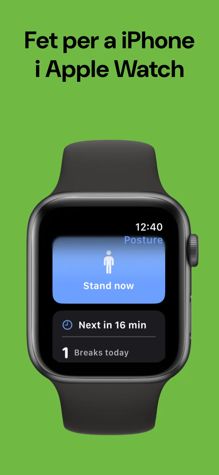 Fet per a iPhone i Apple Watch — Recordatori Postura a l'iPhone al costat de l'app d'Apple Watch mostrant la propera pausa