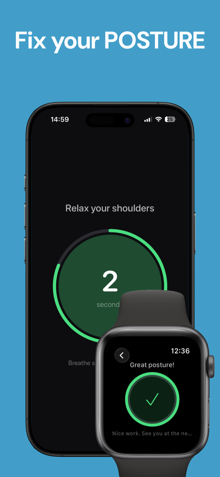 Fix your posture — Posture Reminder on iPhone showing the next scheduled stand break and daily progress
