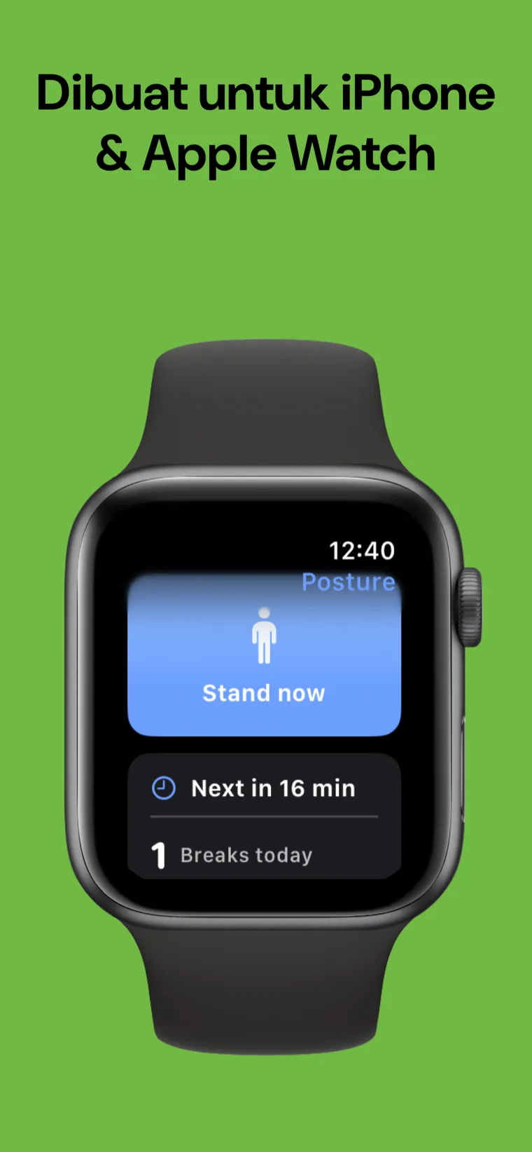 Dibuat untuk iPhone & Apple Watch — Peringatan Postur pada iPhone bersebelahan dengan aplikasi Apple Watch menunjukkan rehat seterusnya