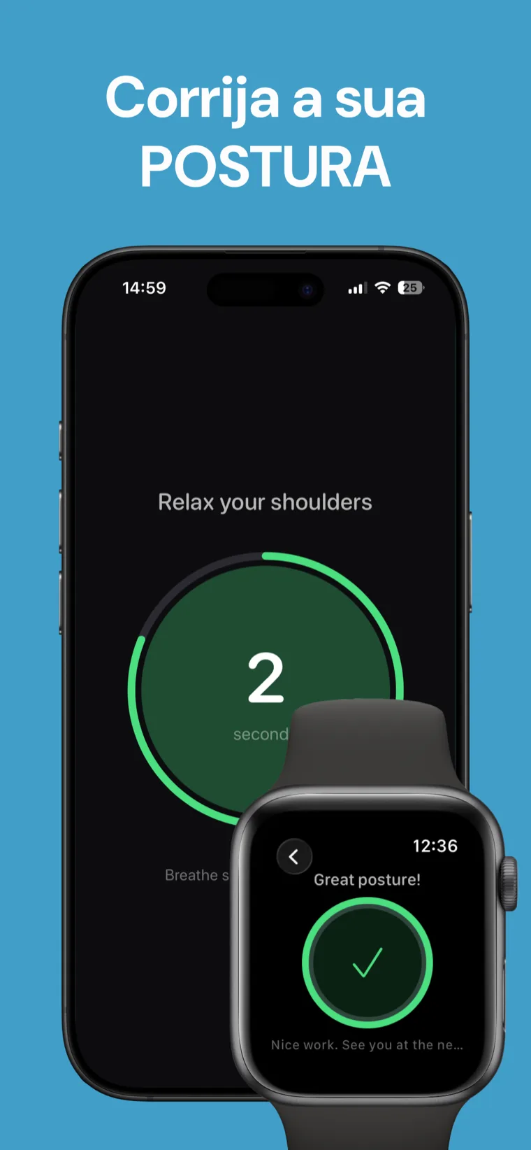 Corrija a sua POSTURA — Lembrete Postura: Costas no iPhone, mostrando a próxima pausa programada e o progresso diário