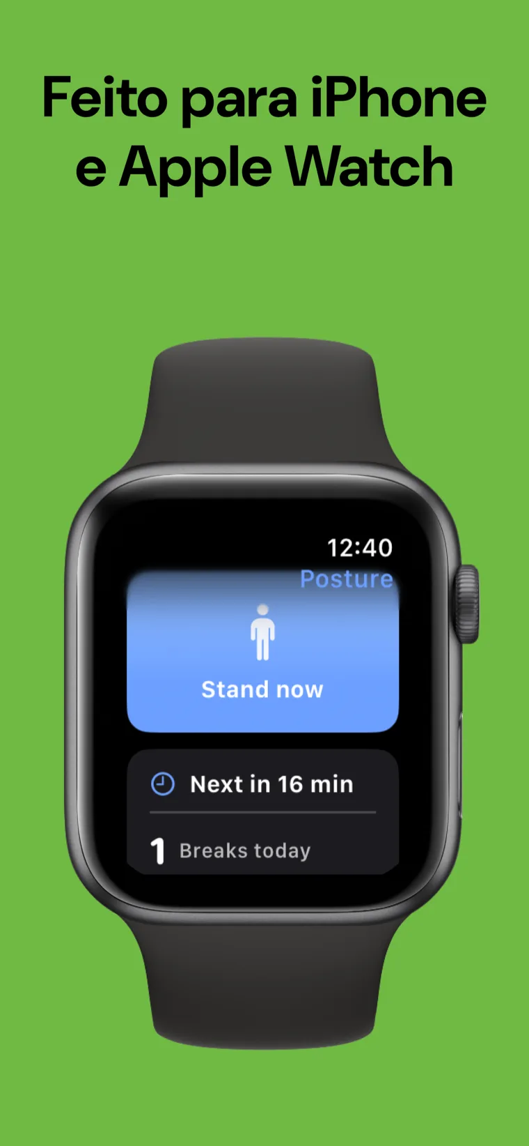 Feito para iPhone e Apple Watch — Lembrete Postura no iPhone ao lado da app do Apple Watch, mostrando a próxima pausa
